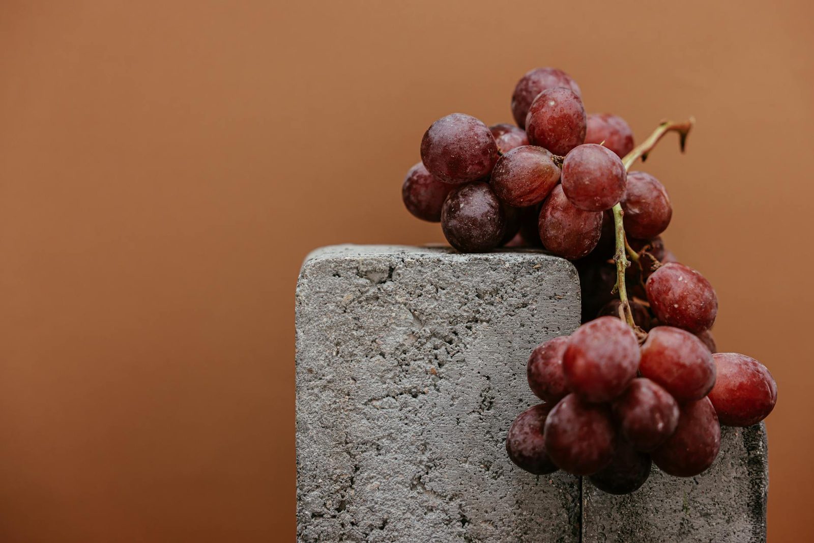 Juicy red grapes rest on a concrete block against a brown background.