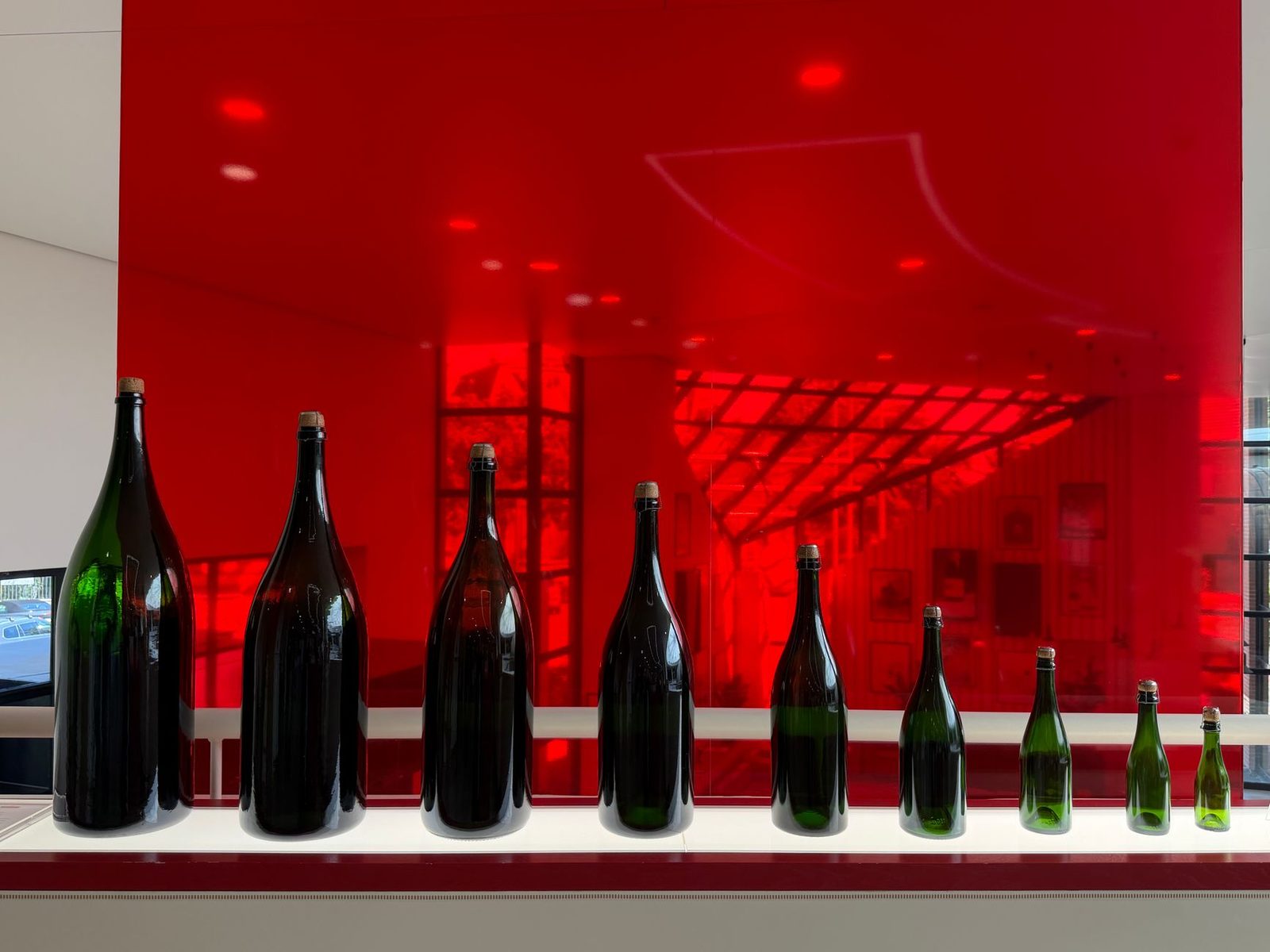 A striking line-up of wine bottles against a vibrant red backdrop, emphasizing luxury and elegance.