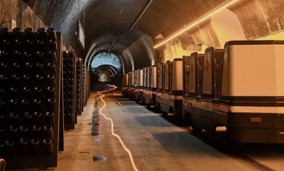 The Mercier cellar train among riddling racks in the chalk galleries