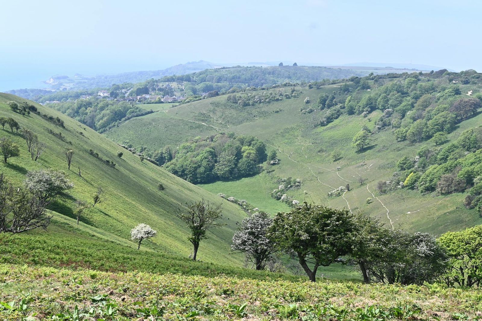 Scenic view of verdant hills and valleys in England's spring landscape.