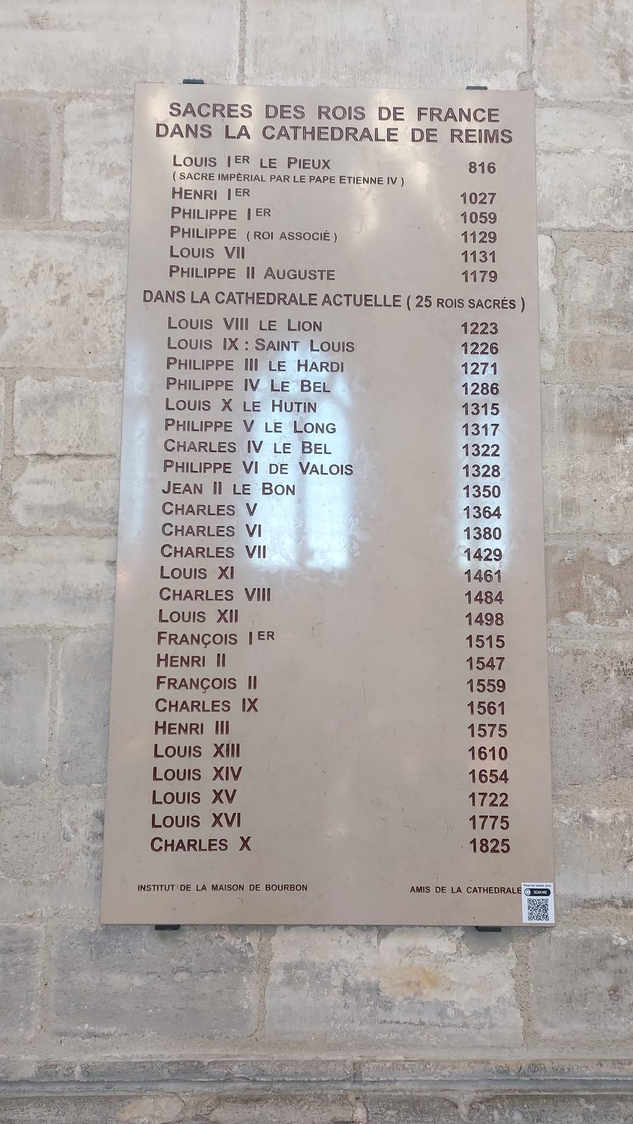 Plaque in Reims Cathedral listing Coronation dates for French Monarchs
