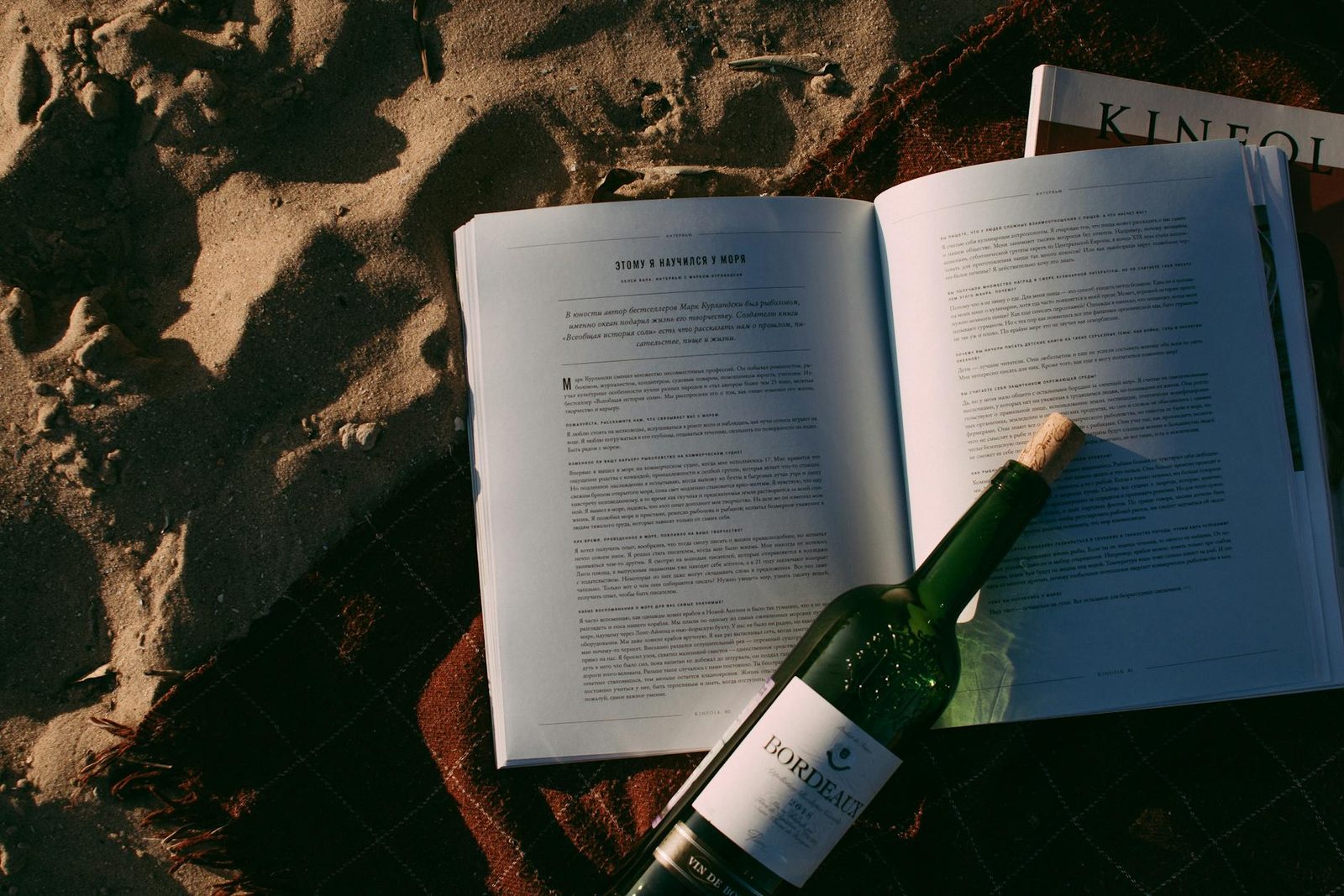 Open books and a Bordeaux bottle on the beach, ideal for leisure reading.